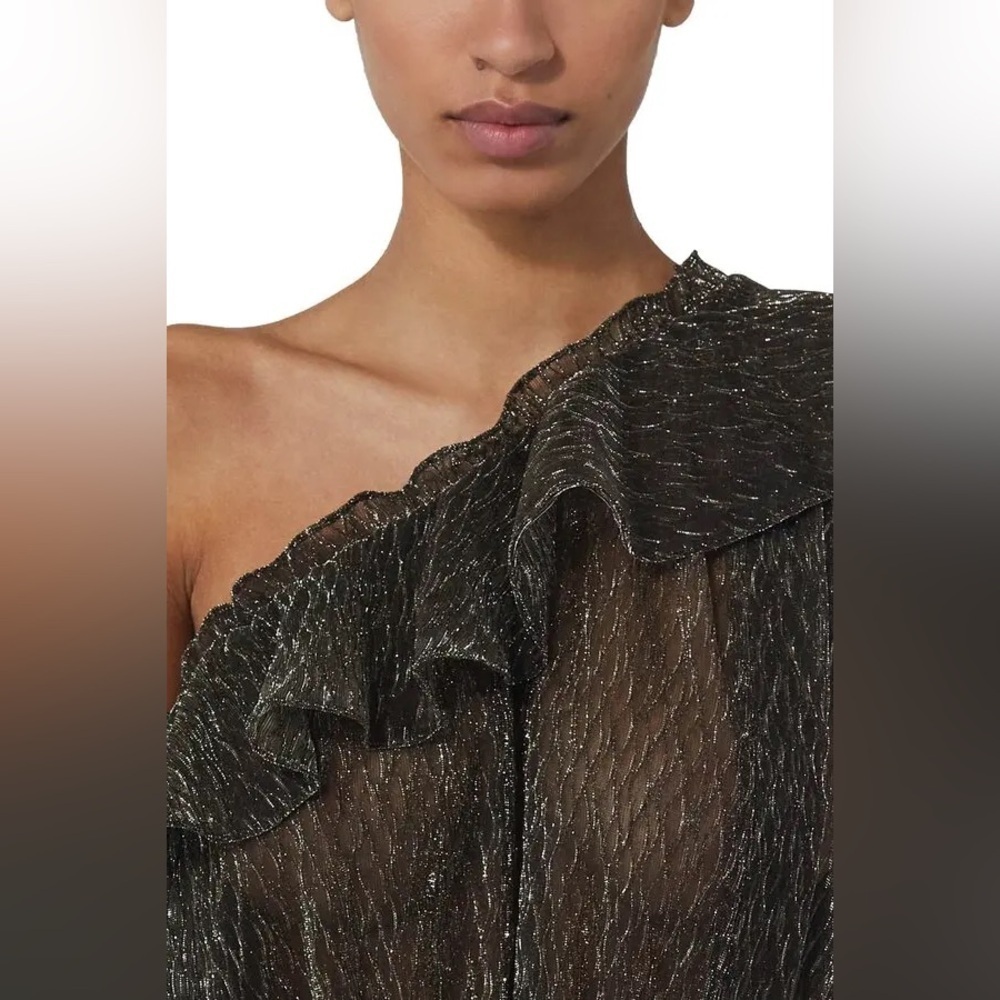 IRO Paris Payham Black Gold Lame One Shoulder Ruffle Sheer Jumpsuit Romper Large - Picture 5 of 17